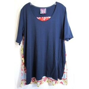 Johnny Was Blue Front Floral Silk Back Short Sleeve Shirt Size Large EUC